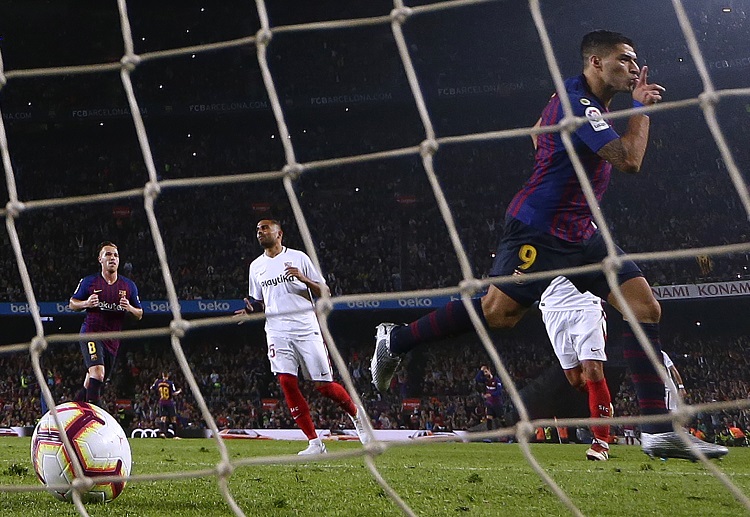 Barcelona's Luis Suarez  warmed-up before the Champions League as he scores the penalty goal against Sevilla