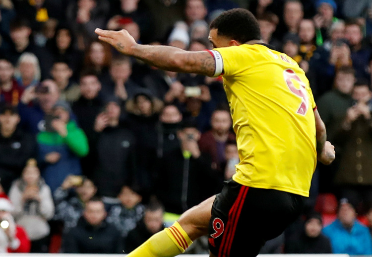 Troy Deeney doubles Watford's lead during the 54th minute of their Premier League match vs Manchester United