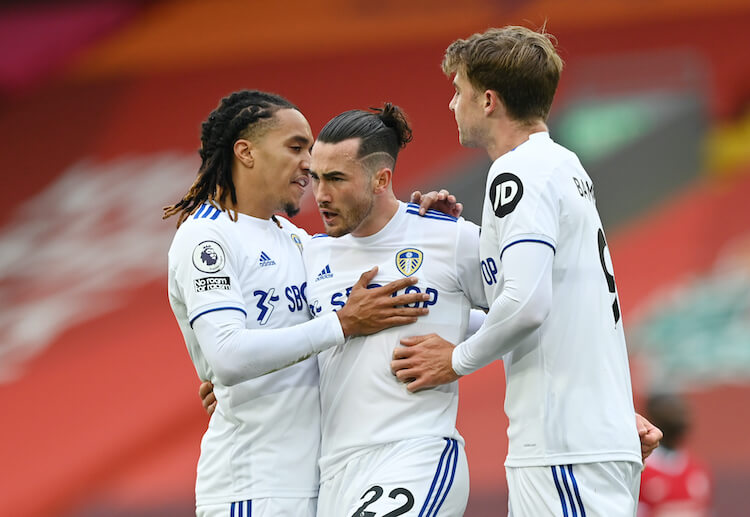Jack Harrison scores the opening goal in the recent Premier League clash between Leeds United and Liverpool