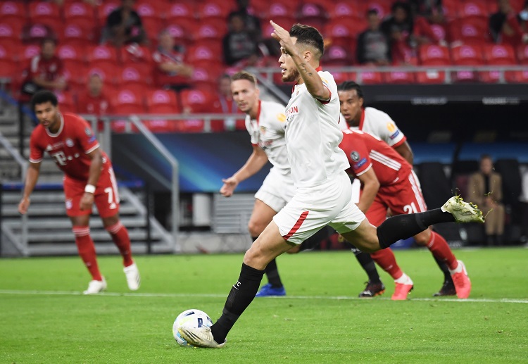 Lucas Ocampos scores the lone goal for Sevilla in the UEFA Super Cup match against Bayern Munich