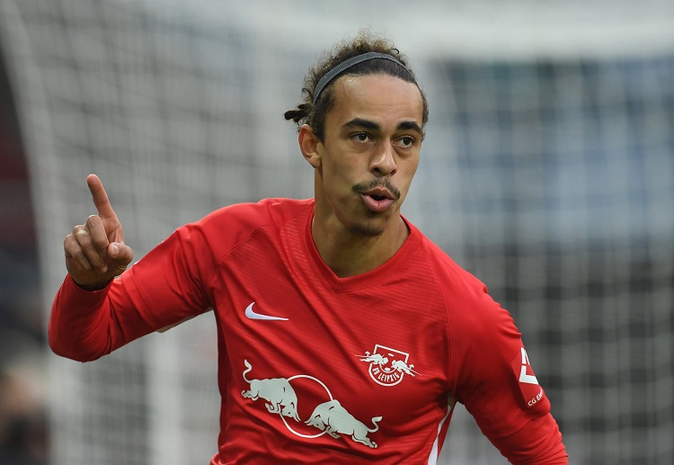 Super sub Yussuf Poulsen celebrates scoring a goal against Augsburg in Bundesliga