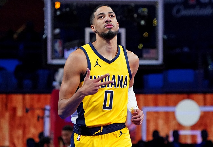 Pacers guard Tyrese Haliburton responds to a play in the NBA In Season Tournament Semifinal against the Bucks